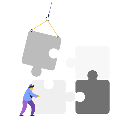 Άτομα συνεργάζονται για να συναρμολογήσουν μεγάλα κομμάτια παζλ, συμβολίζοντας την ομαδική εργασία.