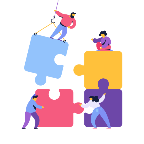 Άτομα συνεργάζονται για να συναρμολογήσουν μεγάλα κομμάτια παζλ, συμβολίζοντας την ομαδική εργασία.