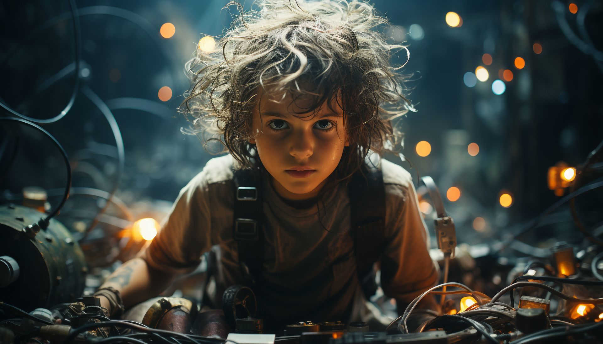 Smiling child holds equipment, working with creativity in dark workshop generated by AI